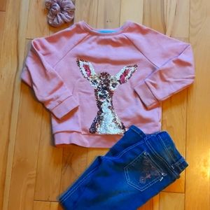 Mini Boden Girls Sequin Sweatshirt Deer Woodland Pink size 5-6